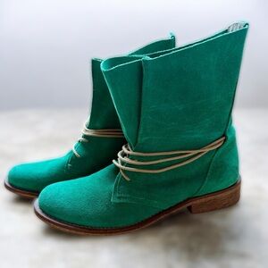 OXMOX 7.5 Women’s Emerald Green Suede Wrap Lace‎ Ankle Slouch Boots EU 38